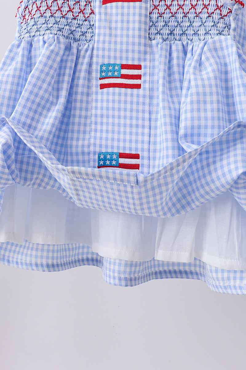Blue flag smocked woven gingham bloomer set