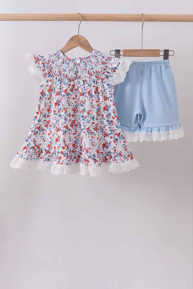 Blue floral lace smocked shorts set