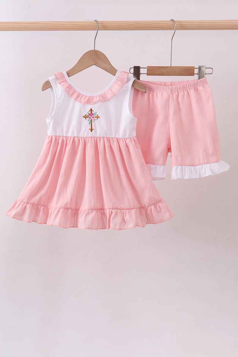 Pink cross jacquard embroidery shorts set