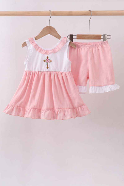 Pink cross jacquard embroidery shorts set
