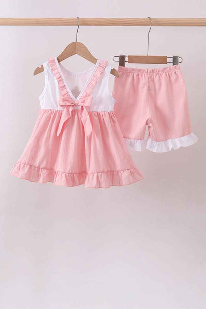 Pink cross jacquard embroidery shorts set