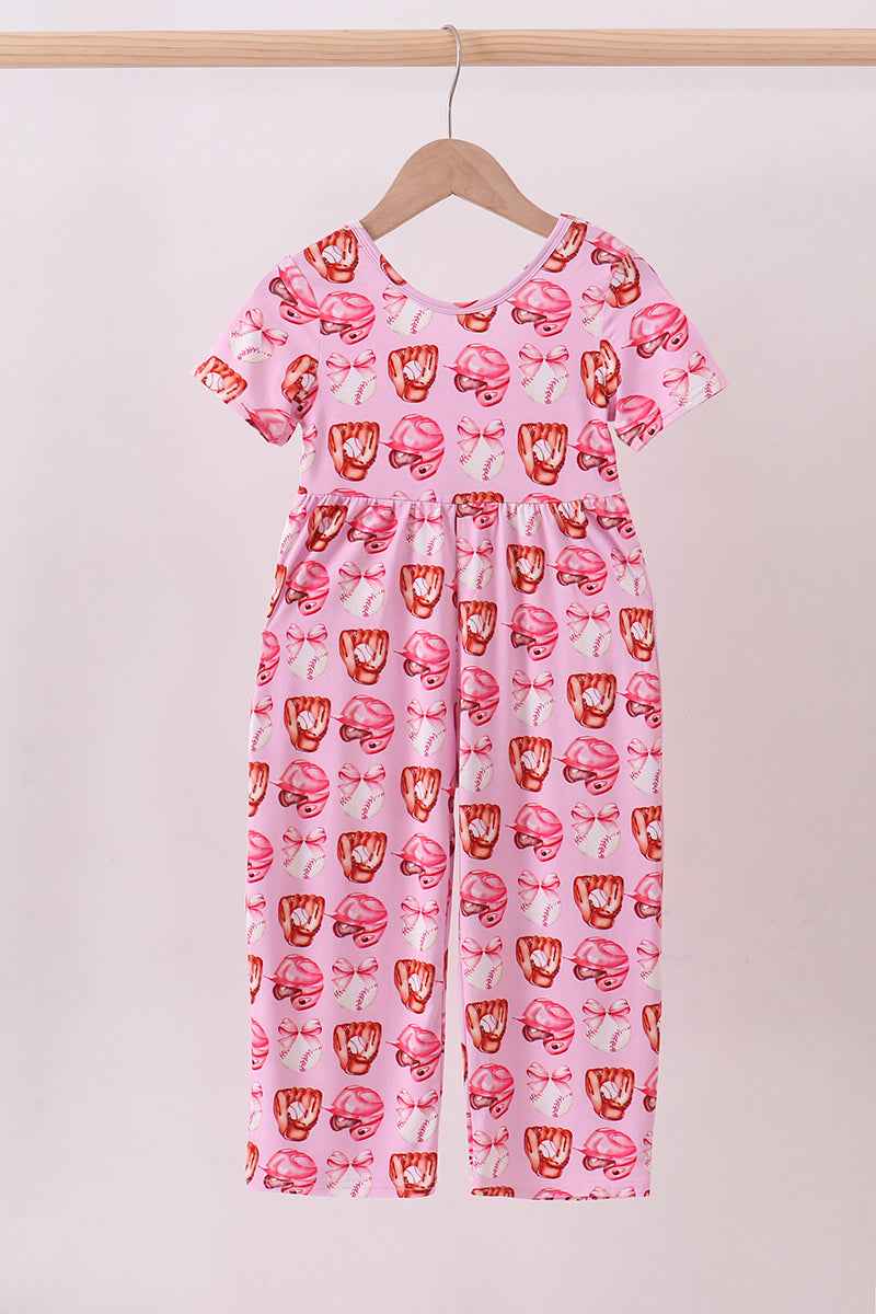 Pink bow baseball bamboo jumpsuit