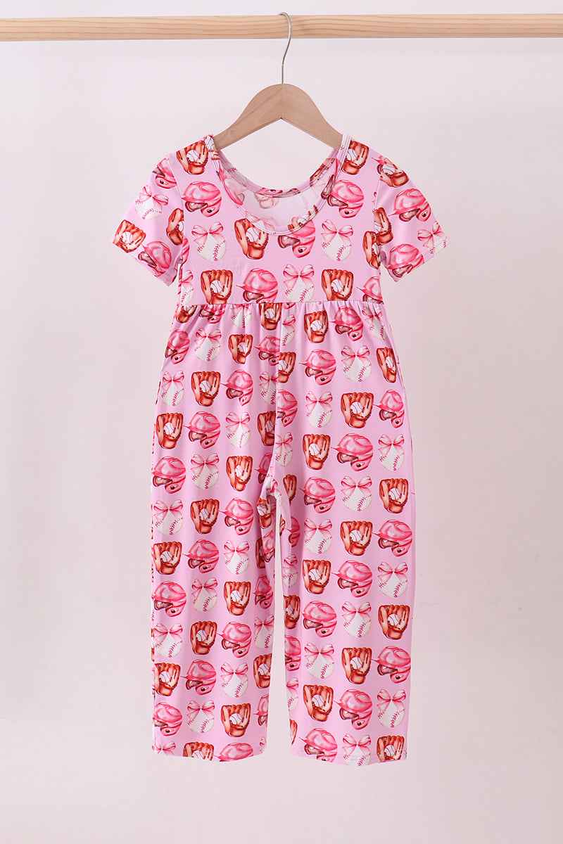 Pink bow baseball bamboo jumpsuit