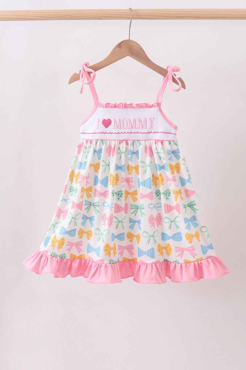 Pink bow I love MOMMY smocked ruffle dress