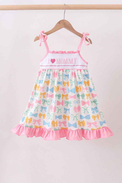 Pink bow I love MOMMY smocked ruffle dress