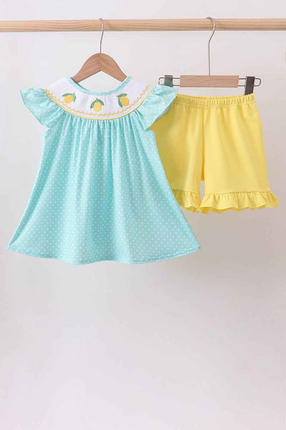 Summer lemon smocked ruffle shorts set