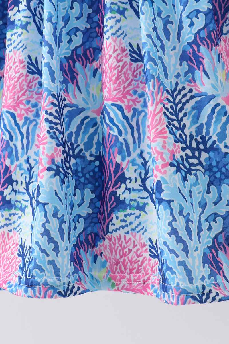 Blue marine creature print ruffle dress