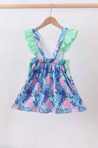 Blue marine creature print ruffle dress