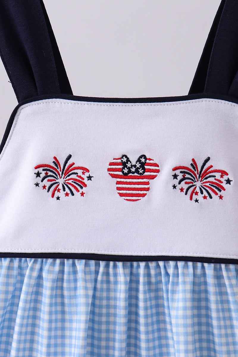 Blue character embroidery gingham bloomer set