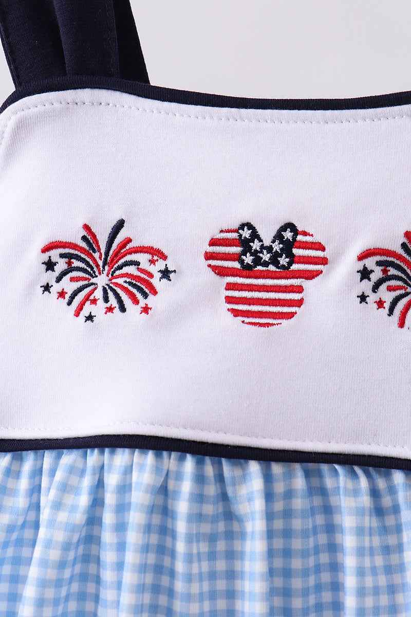 Blue character fireworks embroidery gingham dress