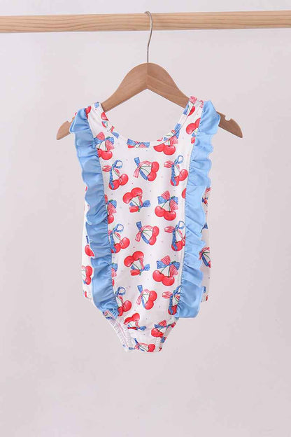Blue cherry print ruffle swimsuit