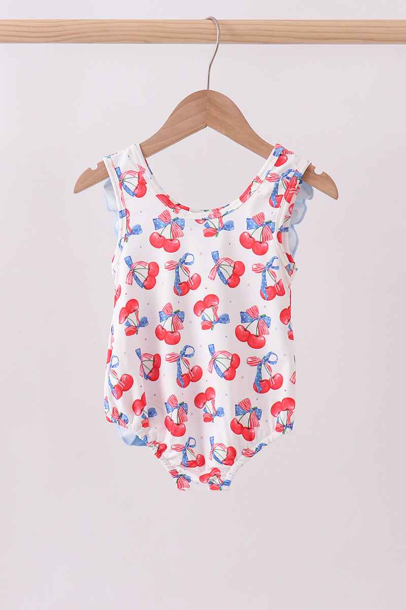 Blue cherry print ruffle swimsuit