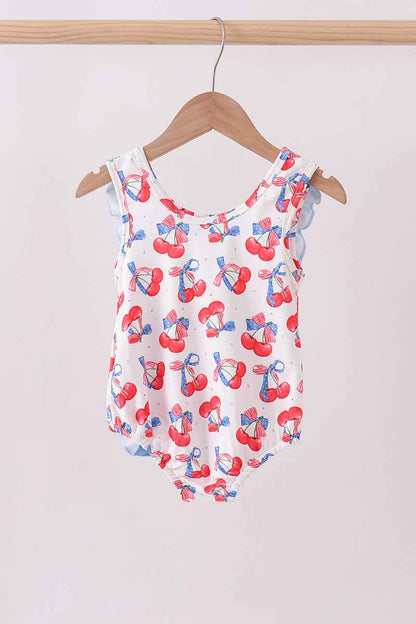 Blue cherry print ruffle swimsuit