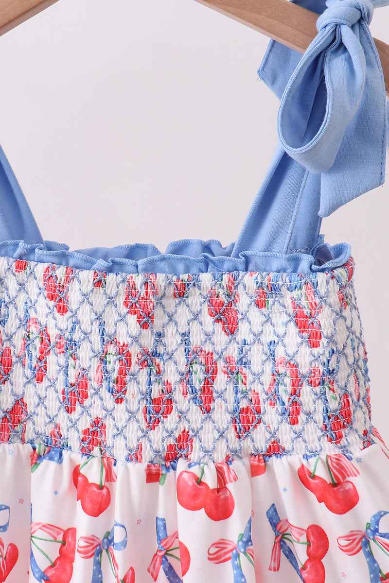 Blue cherry smocked tiered mom&me dress
