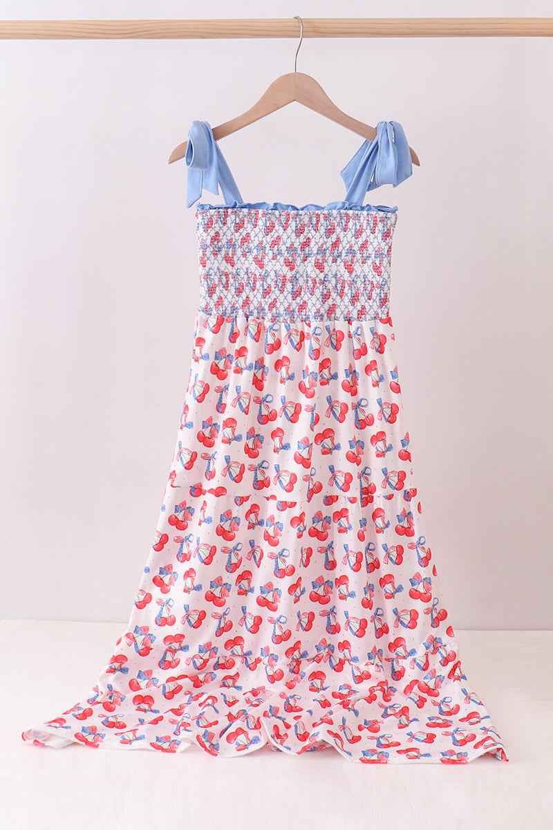 Blue cherry smocked tiered mom&me dress