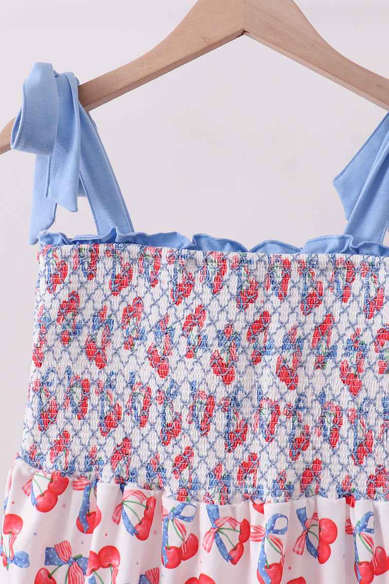 Blue cherry smocked tiered mom&me dress