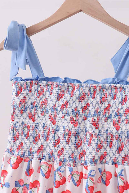 Blue cherry smocked tiered mom&me dress