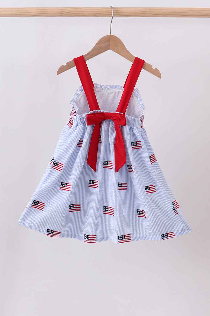 Blue flag embroidery seersucker ruffle dress