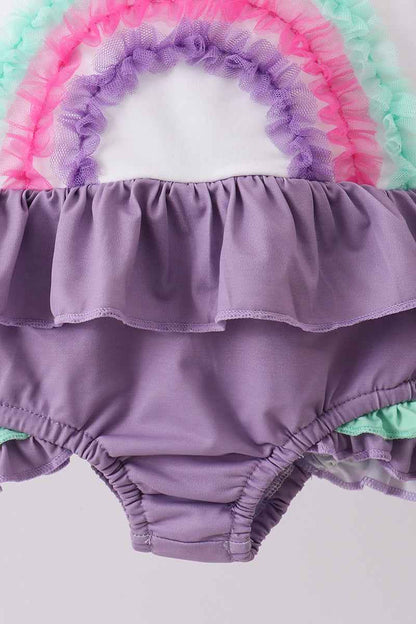 Purple lace rainbow ruffle one-piece swimsuit