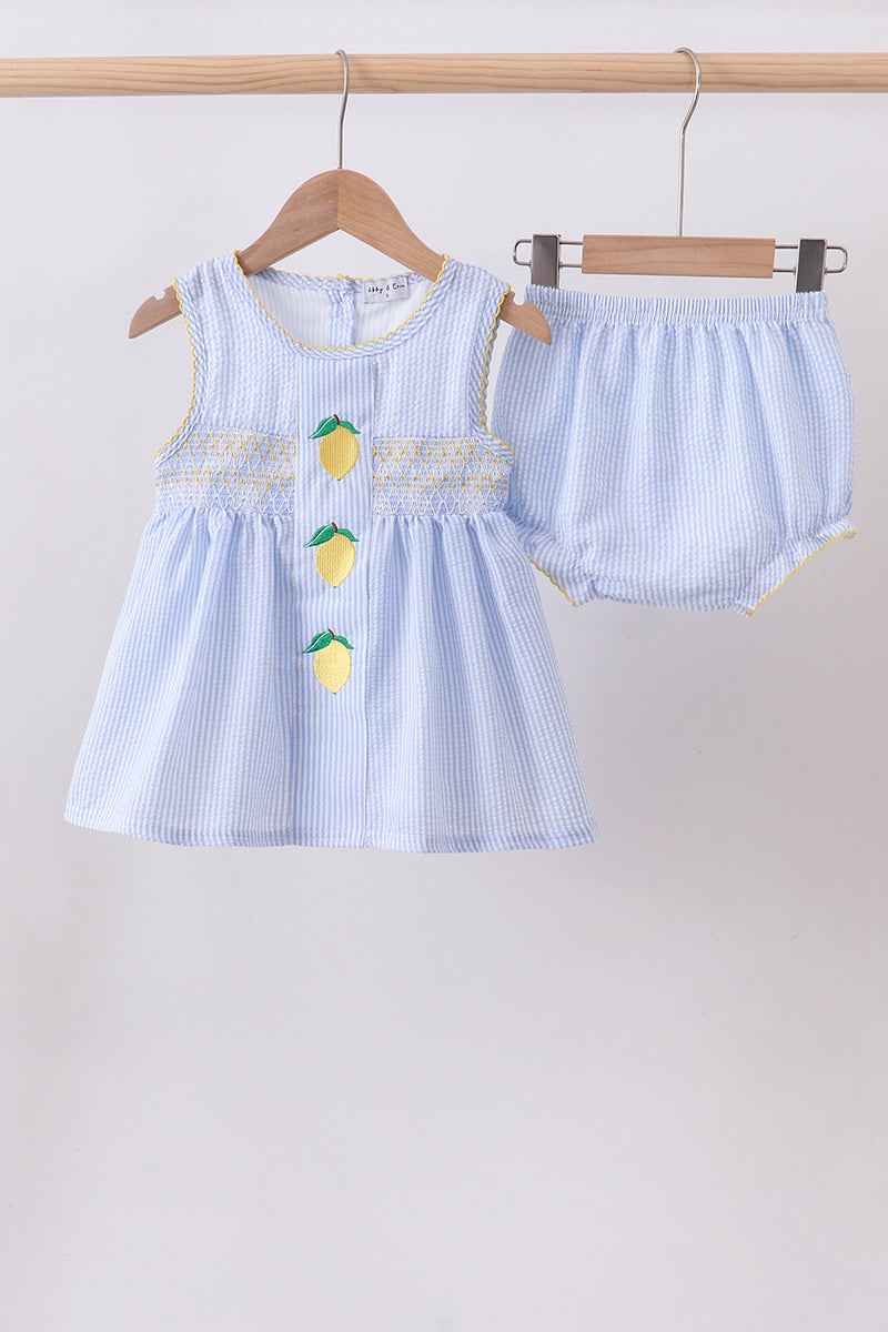 Blue lemon embroidery seersucker bloomer set