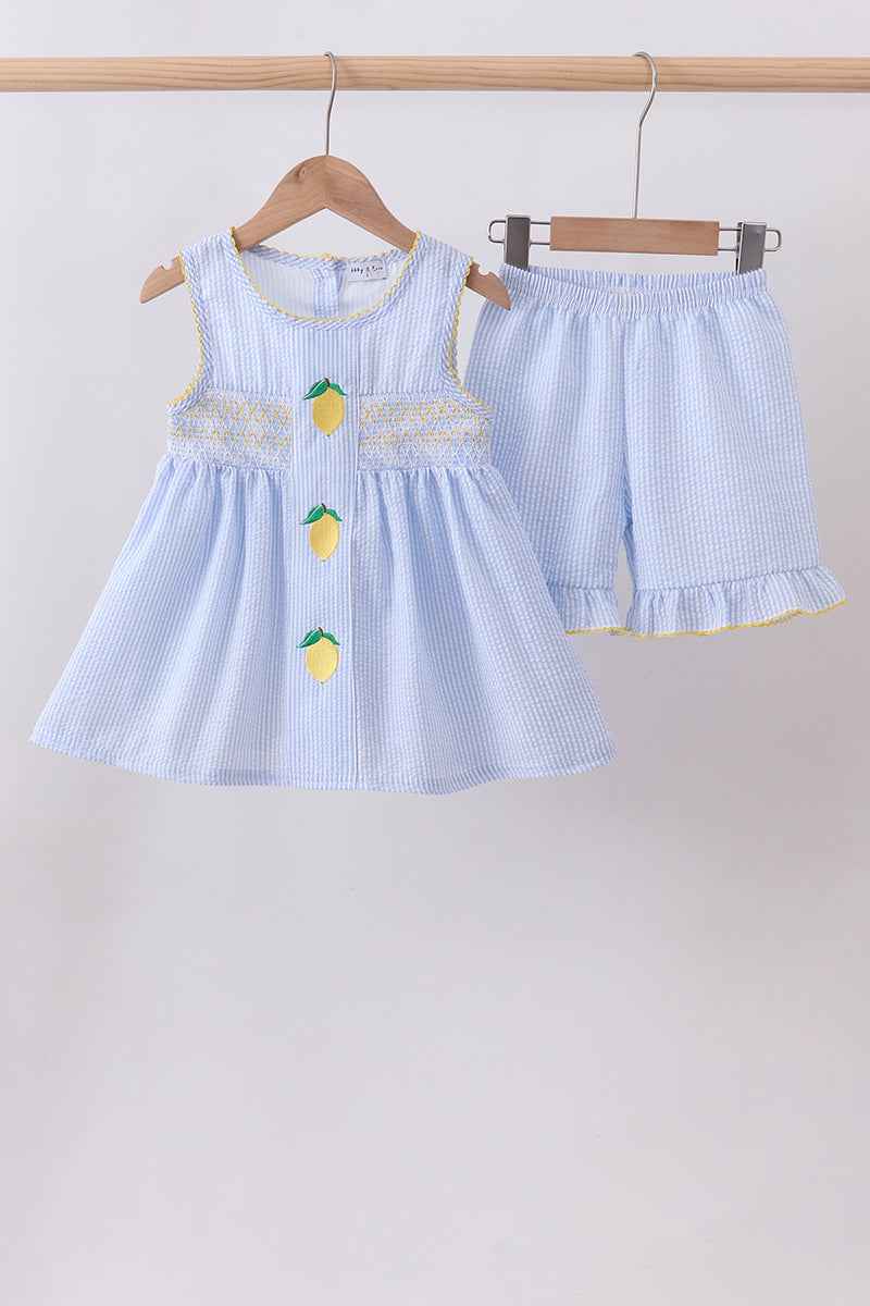 Blue lemon embroidery ruffle shorts set