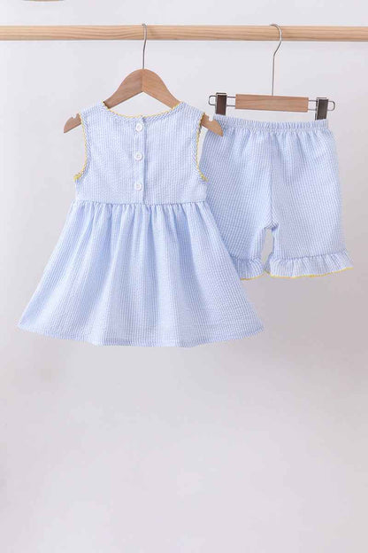 Blue lemon embroidery ruffle shorts set