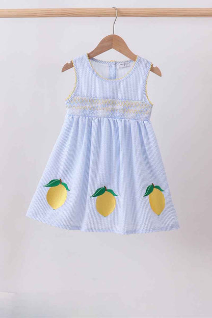 Blue lemon embroidery seersucker dress