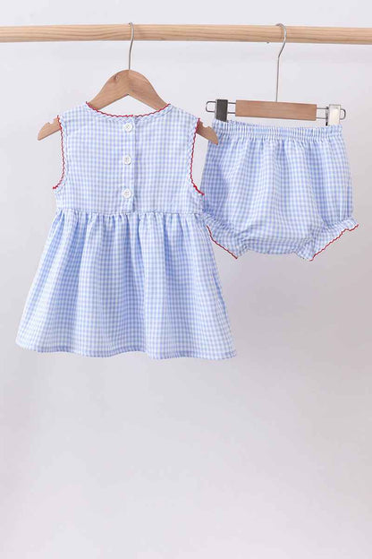 Blue flag smocked woven gingham bloomer set
