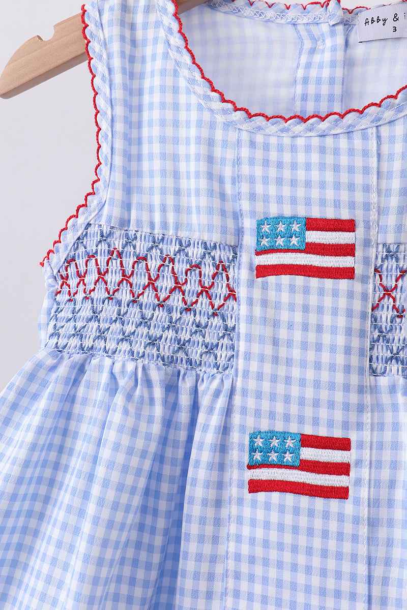 Blue flag smocked woven gingham ruffle shorts set