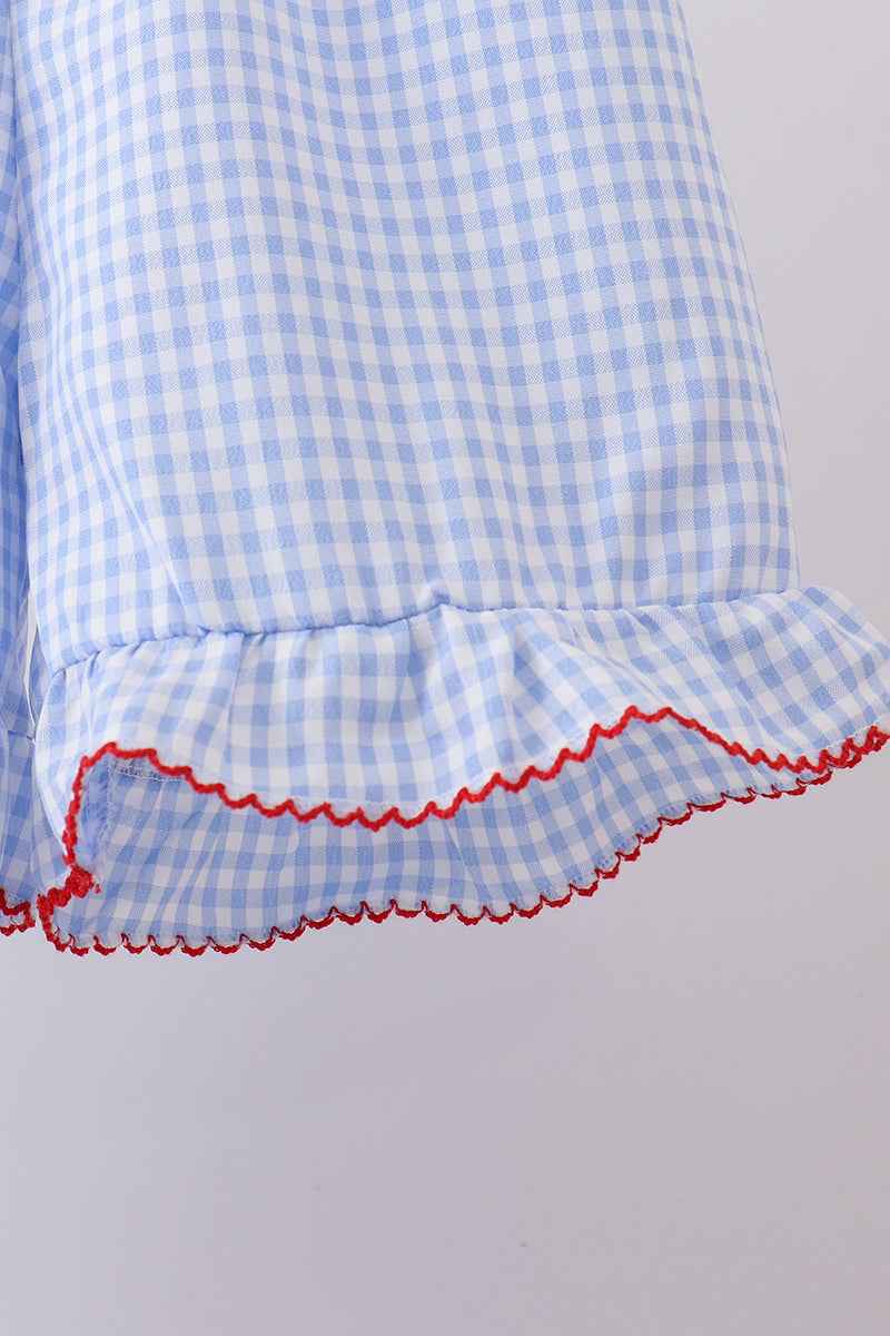 Blue flag smocked woven gingham ruffle shorts set