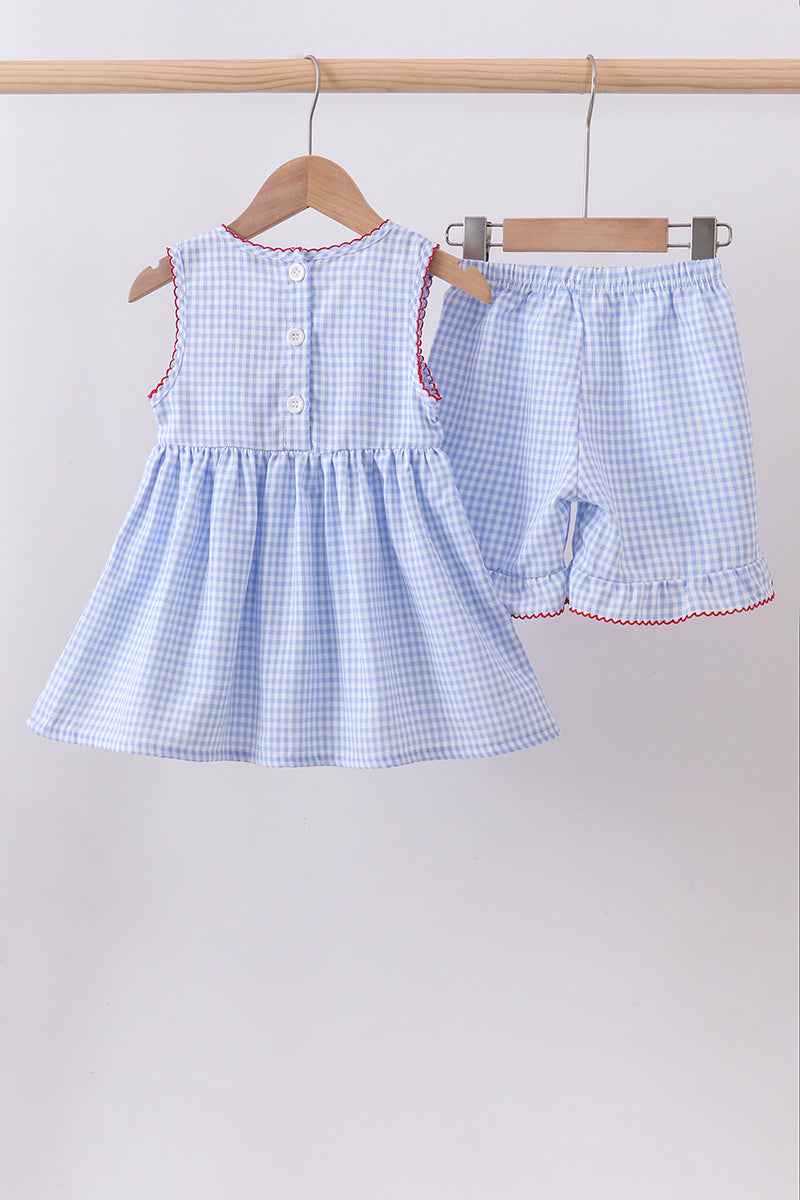 Blue flag smocked woven gingham ruffle shorts set