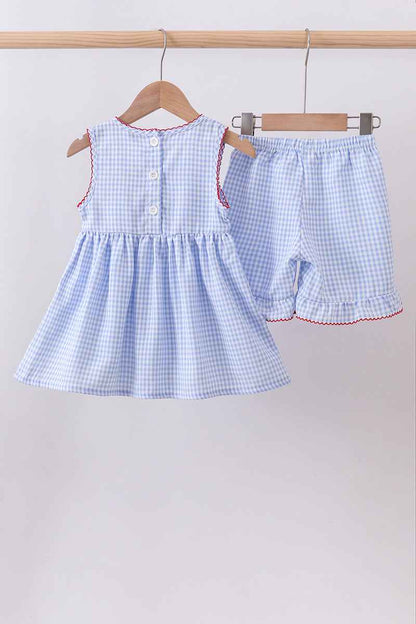 Blue flag smocked woven gingham ruffle shorts set