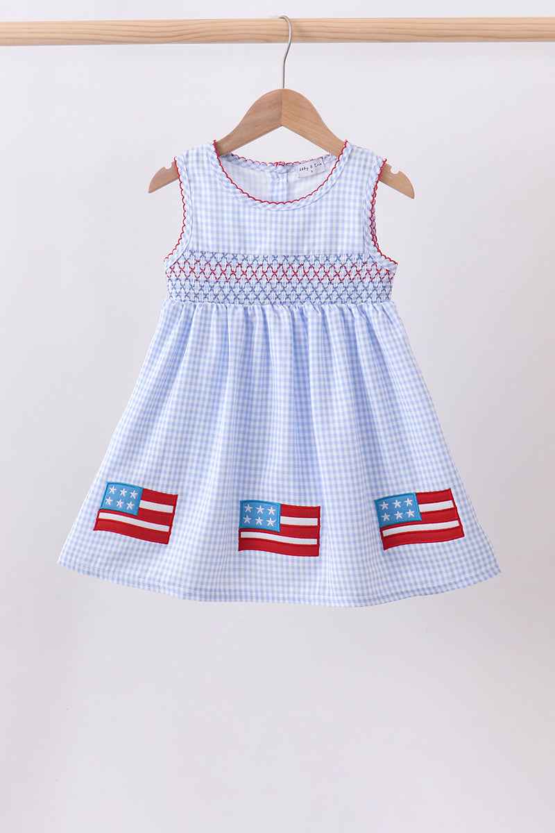 Blue flag smocked woven gingham dress