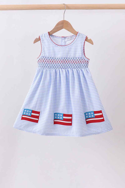 Blue flag smocked woven gingham dress