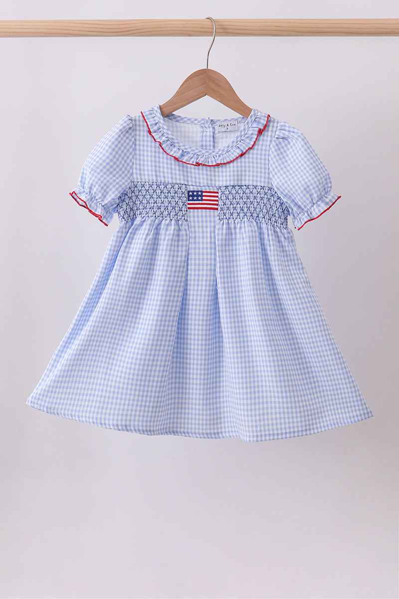 Blue flag smocked ruffle dress
