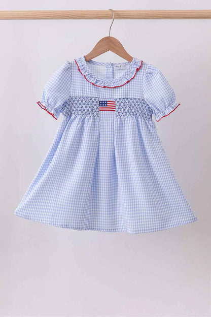 Blue flag smocked ruffle dress