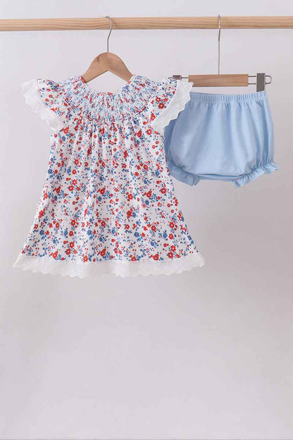 Blue floral lace smocked bloomer set