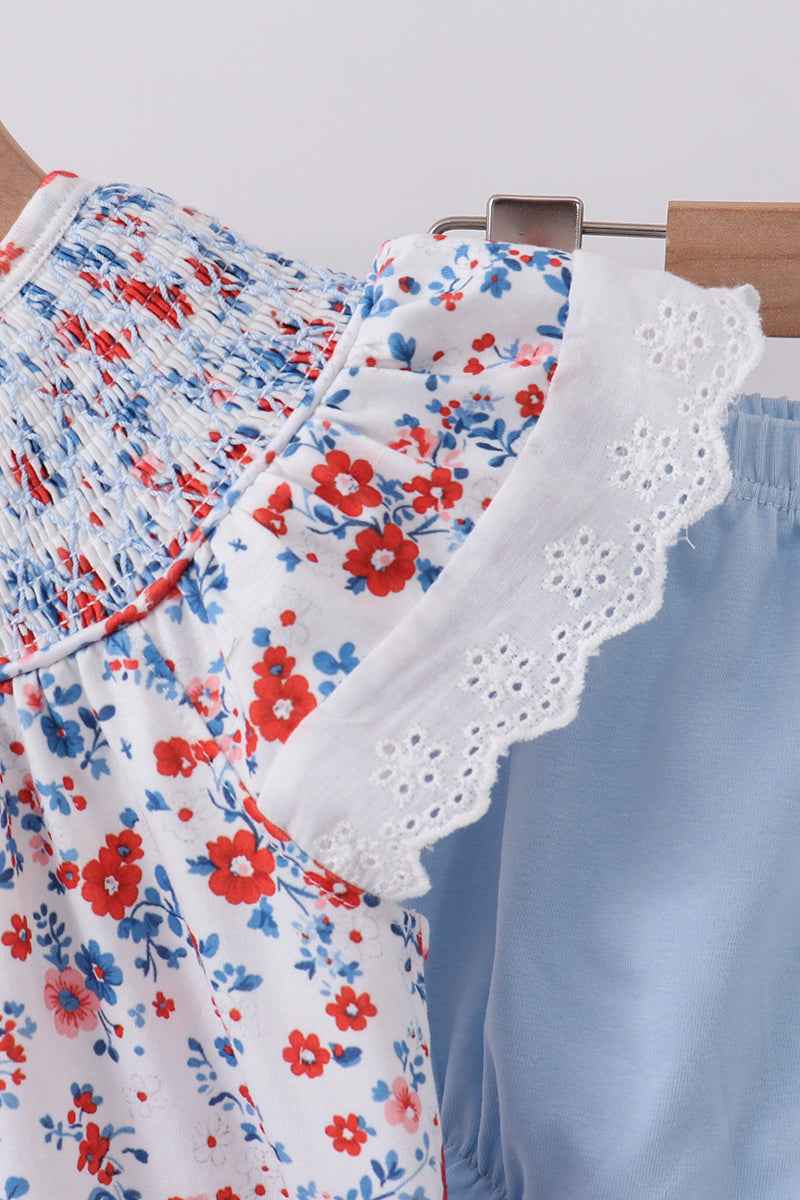 Blue floral lace smocked bloomer set