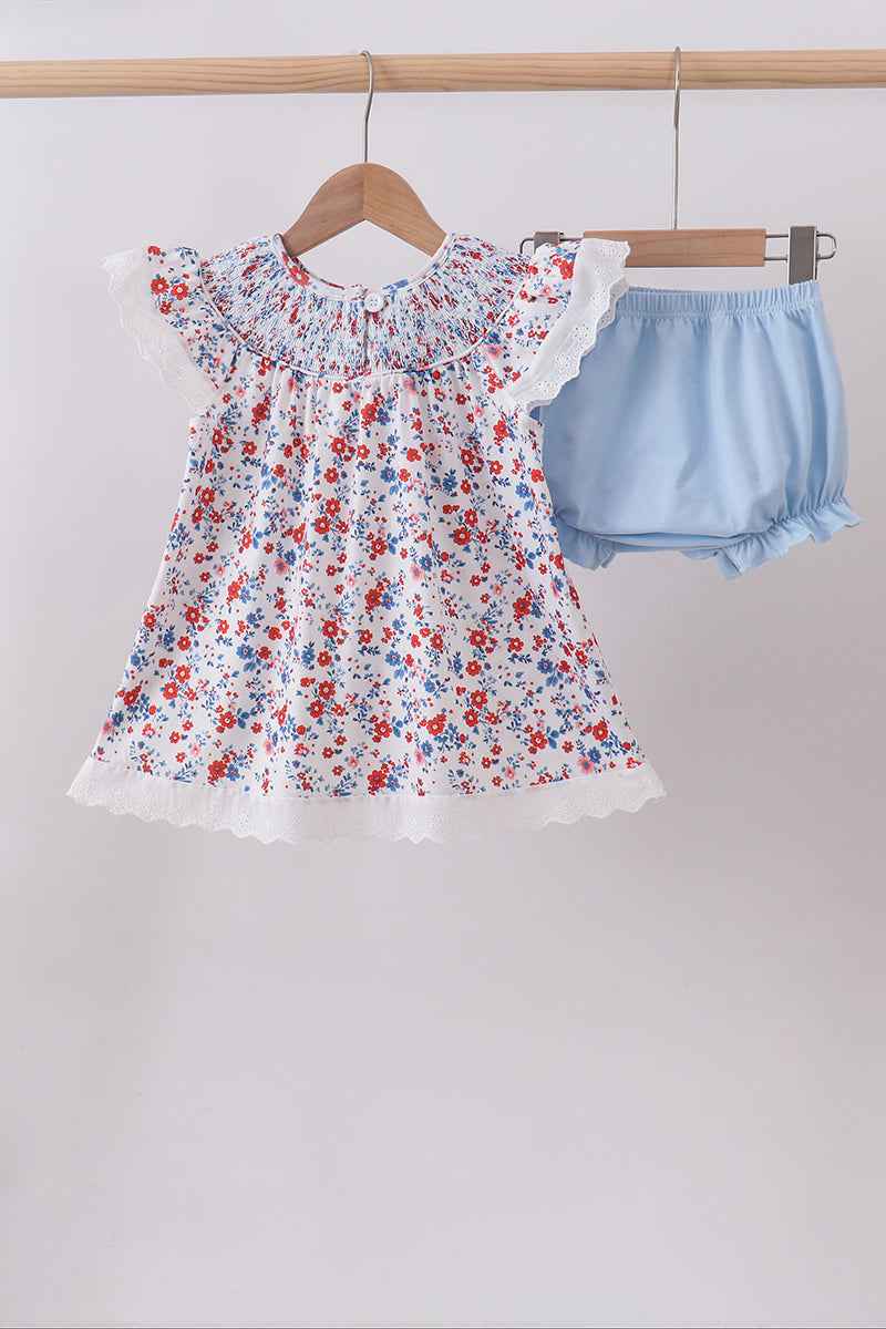 Blue floral lace smocked bloomer set