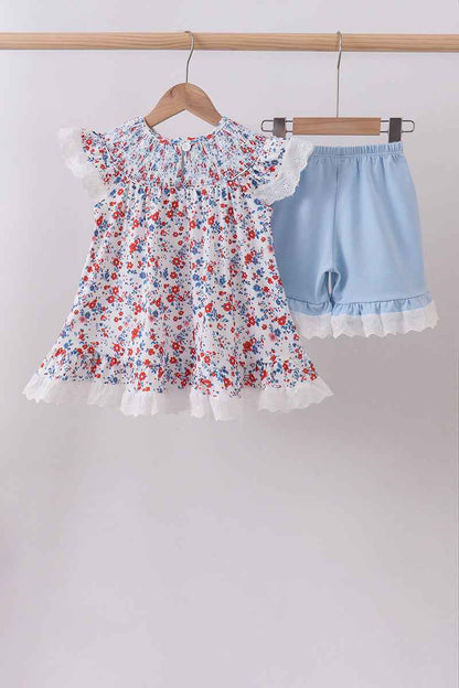 Blue floral lace smocked shorts set