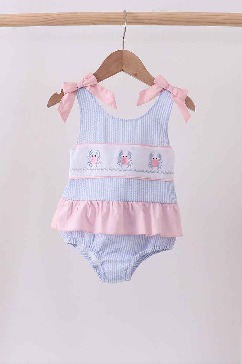 Blue stripe seersucker crab embroidery swimsuit