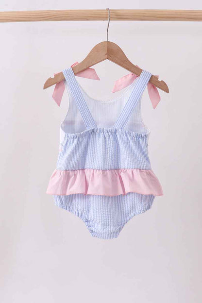 Blue stripe seersucker crab embroidery swimsuit