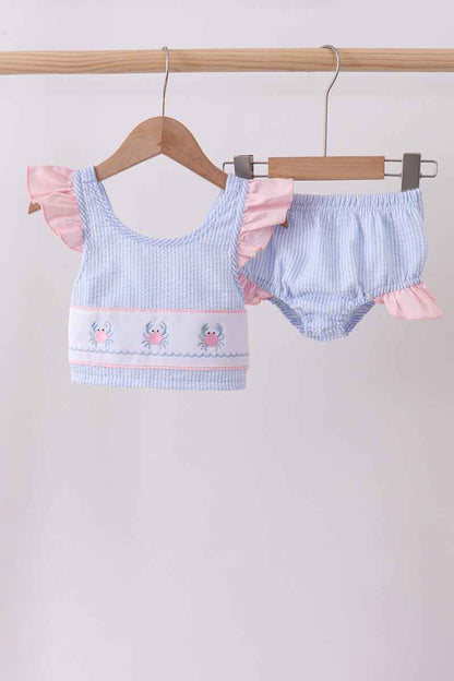 Blue stripe seersucker crab embroidery 2pc ruffle swimsuit