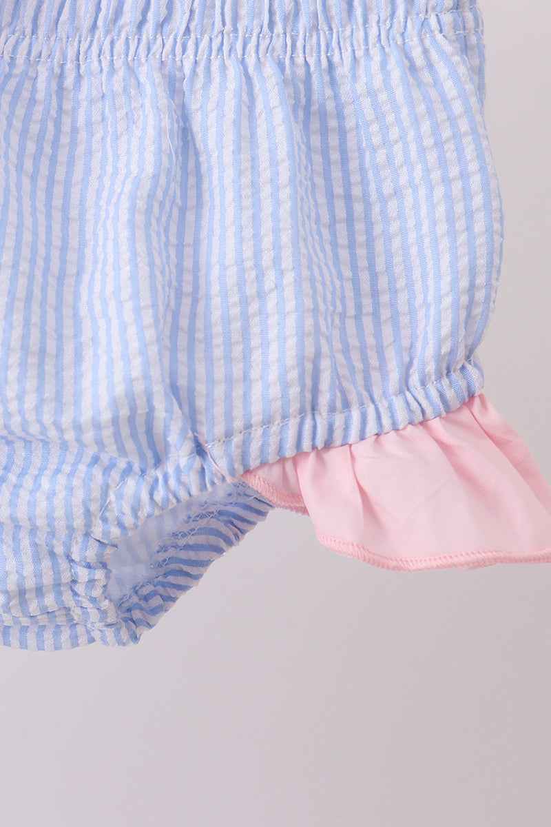 Blue stripe seersucker crab embroidery 2pc ruffle swimsuit
