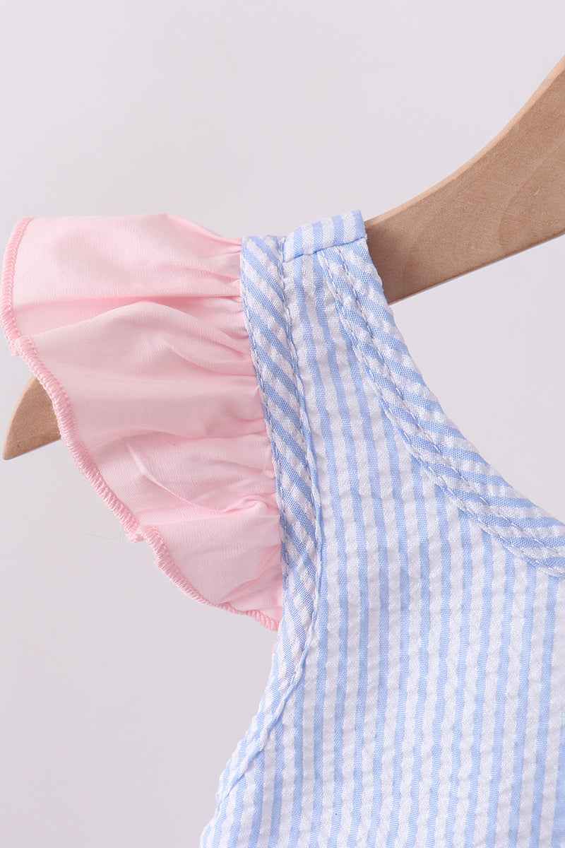 Blue stripe seersucker crab embroidery 2pc ruffle swimsuit