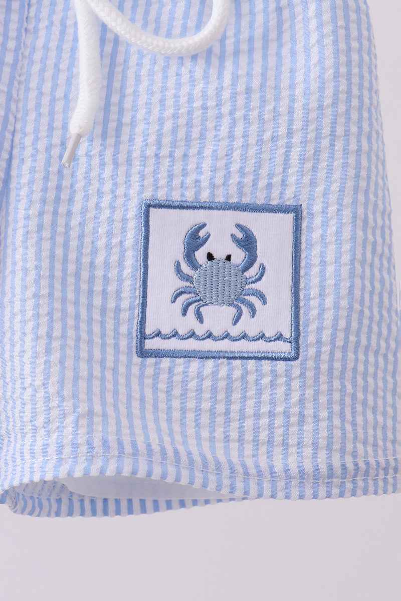 Blue stripe seersucker crab embroidery swim trunks