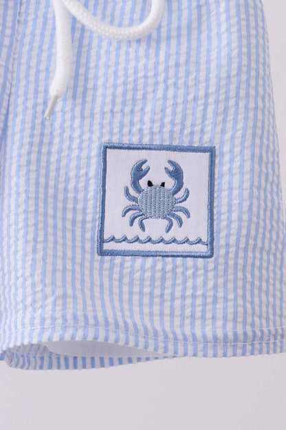 Blue stripe seersucker crab embroidery swim trunks