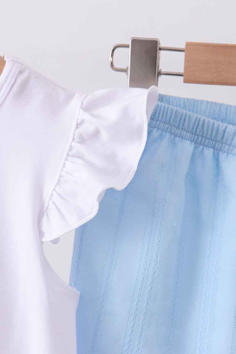 Blue flag smocked jacquard ruffle shorts set