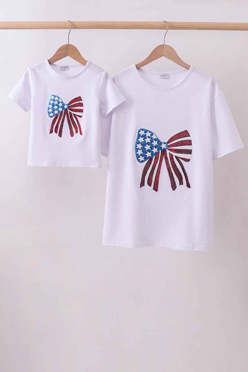 White bow sequin mom&me top