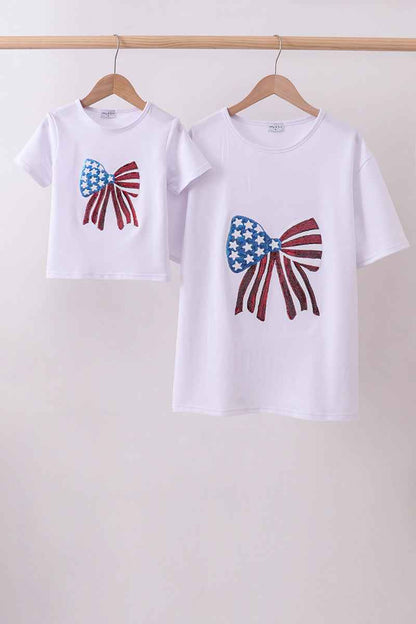 White bow sequin mom&me top